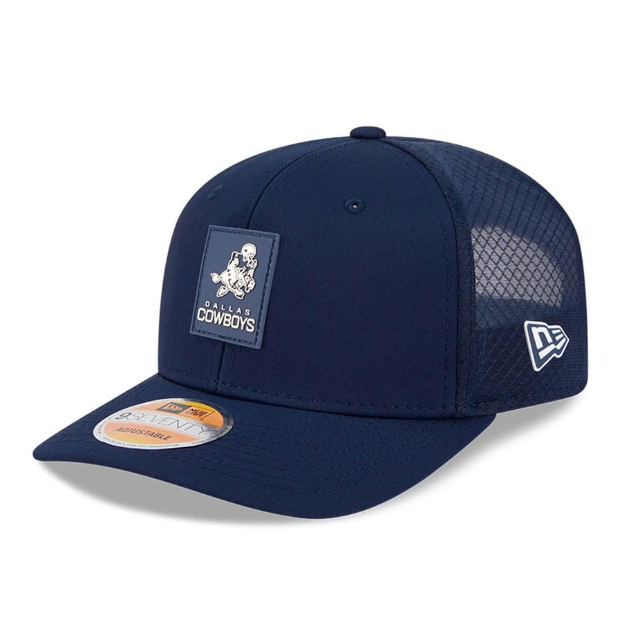 This is a Dallas Cowboys NFL Sideline 2025 Dark Blue 9SEVENTY Trucker Stretch Snap Adjustable Cap 1