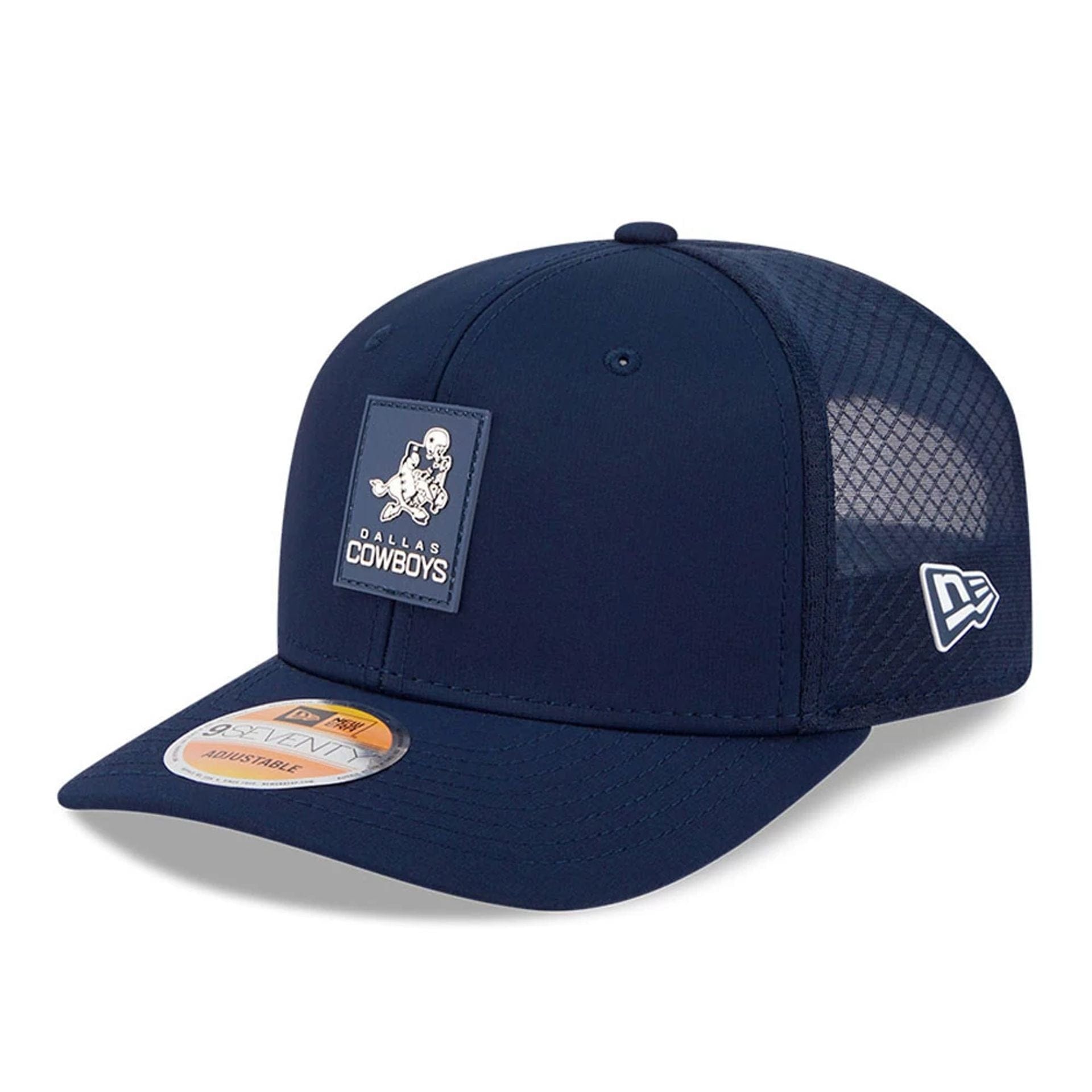 This is a Dallas Cowboys NFL Sideline 2025 Dark Blue 9SEVENTY Trucker Stretch Snap Adjustable Cap 1