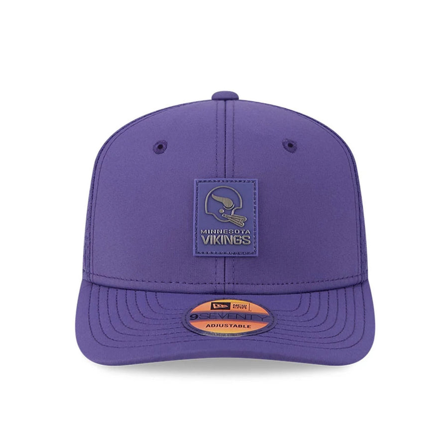 This is a Minnesota Vikings NFL Sideline 2025 Purple 9SEVENTY Trucker Stretch Snap Adjustable Cap 2