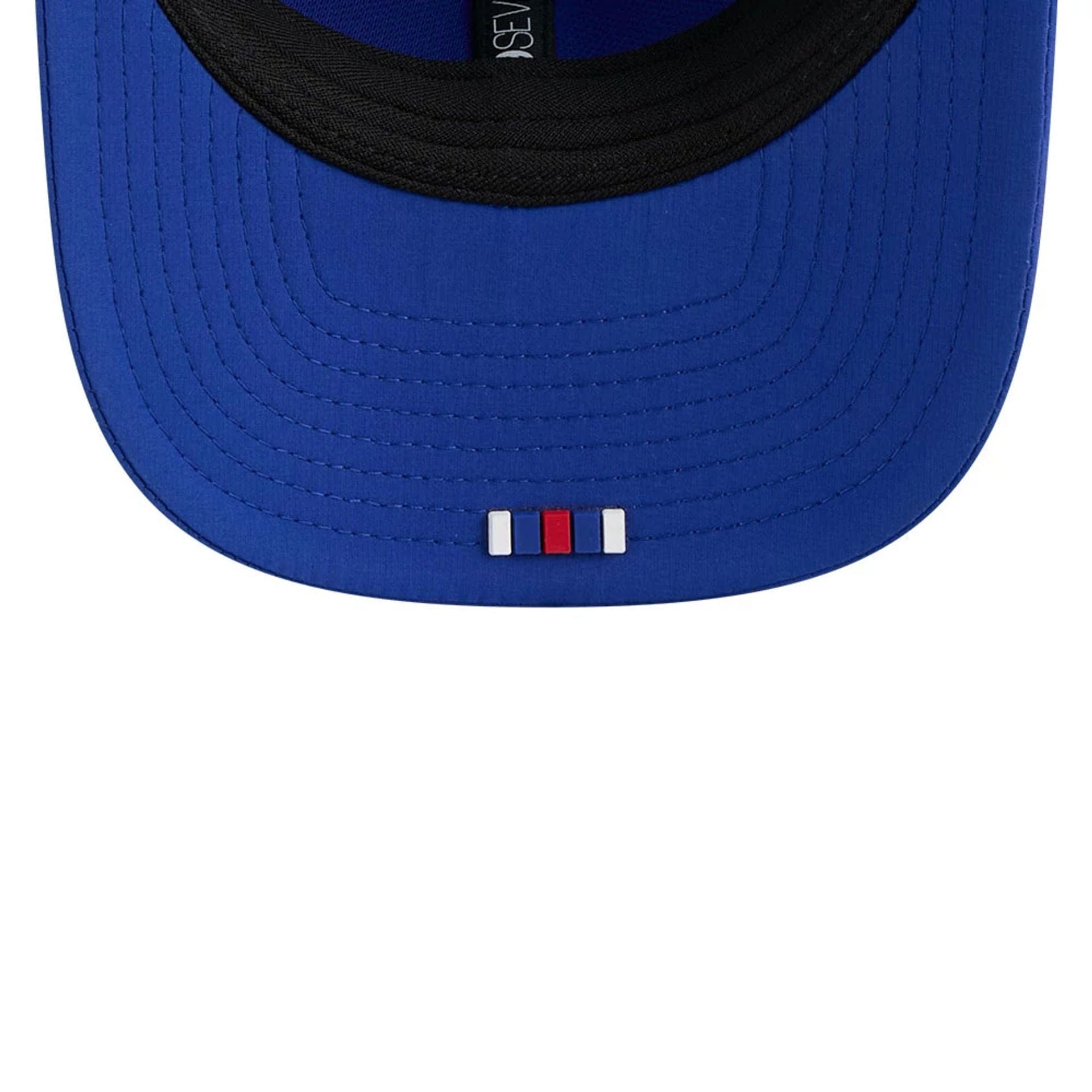 This is a New England Patriots NFL Sideline 2025 Blue 9SEVENTY Trucker Stretch Snap Adjustable Cap 6