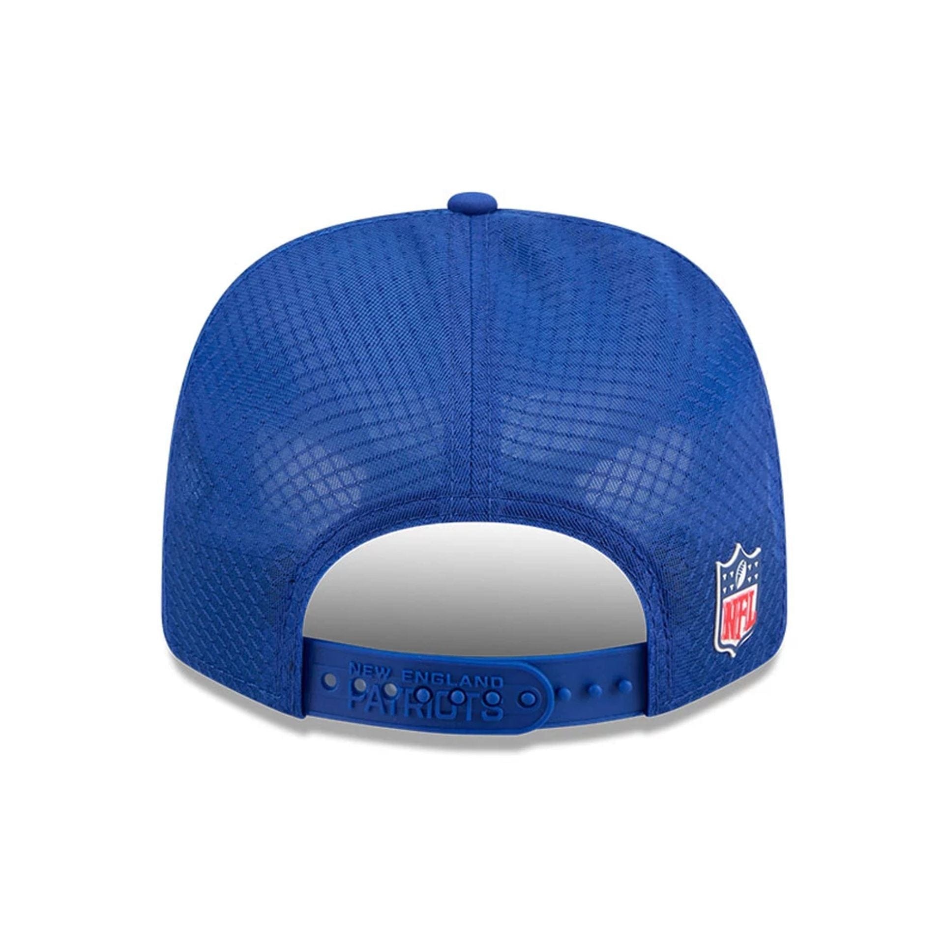 This is a New England Patriots NFL Sideline 2025 Blue 9SEVENTY Trucker Stretch Snap Adjustable Cap 7