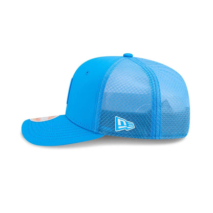 This is a Detroit Lions NFL Sideline 2025 Blue 9SEVENTY Trucker Stretch Snap Adjustable Cap 5