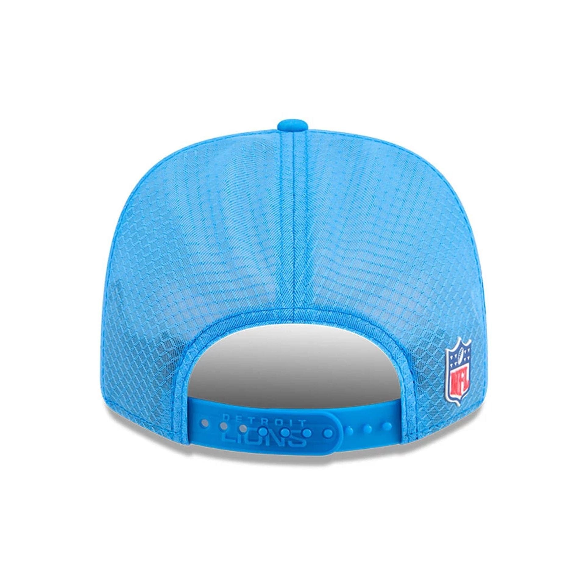 This is a Detroit Lions NFL Sideline 2025 Blue 9SEVENTY Trucker Stretch Snap Adjustable Cap 7
