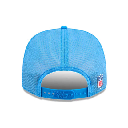 This is a Detroit Lions NFL Sideline 2025 Blue 9SEVENTY Trucker Stretch Snap Adjustable Cap 7