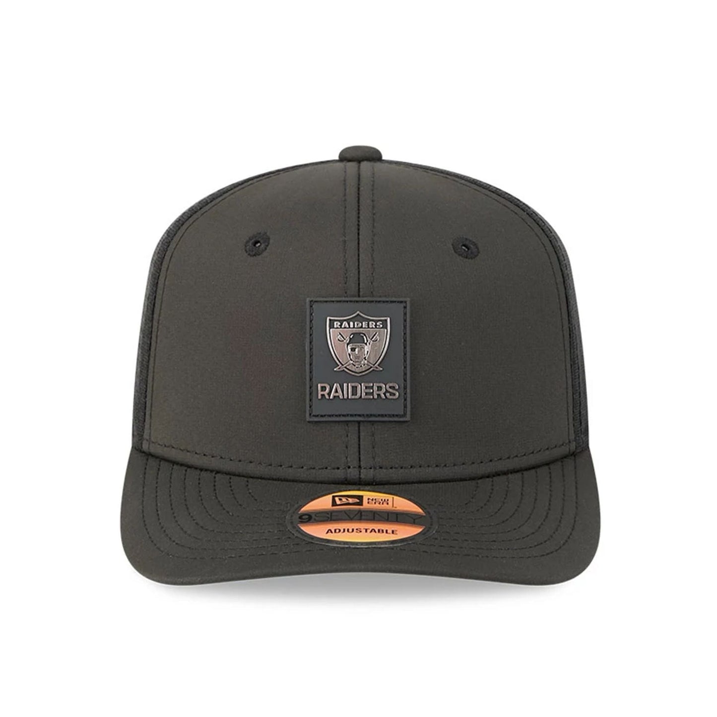 This is a Las Vegas Raiders NFL Sideline 2025 Black 9SEVENTY Trucker Stretch Snap Adjustable Cap 2