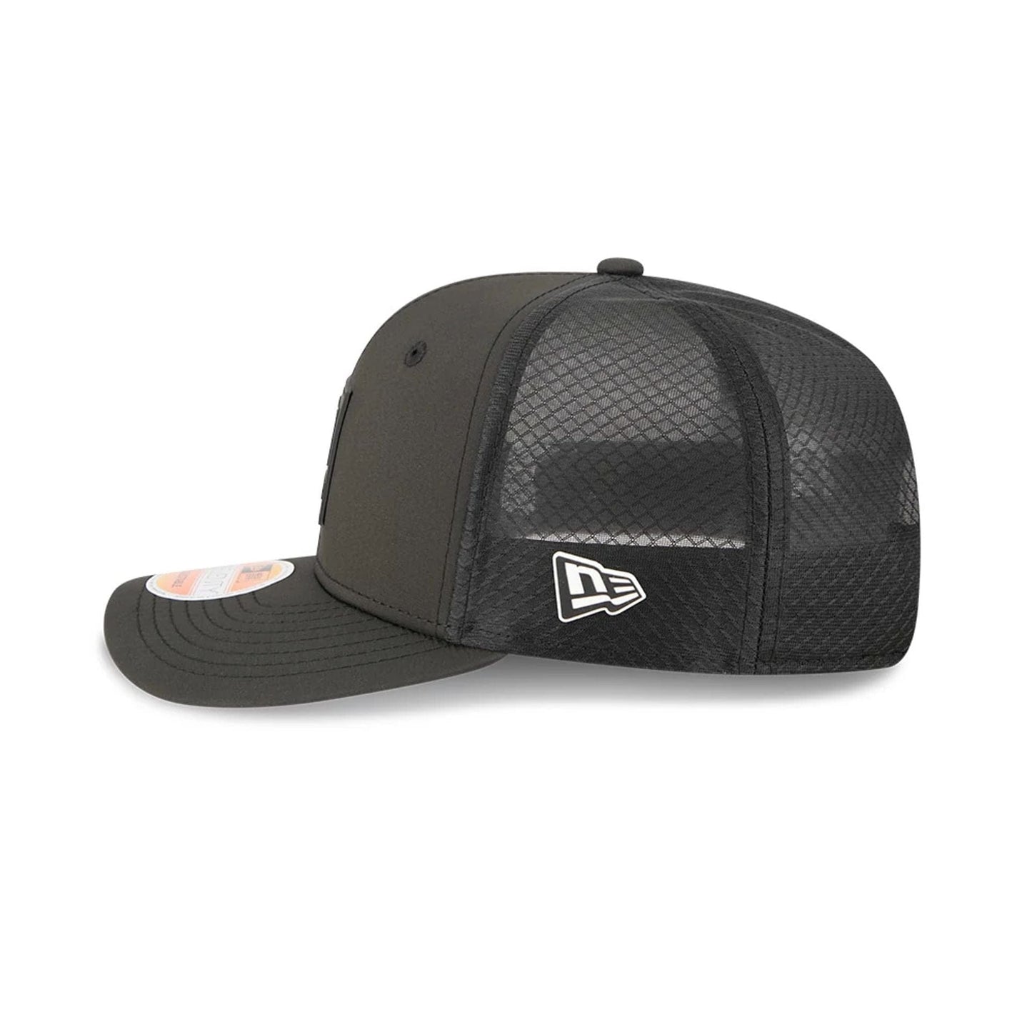 This is a Las Vegas Raiders NFL Sideline 2025 Black 9SEVENTY Trucker Stretch Snap Adjustable Cap 4