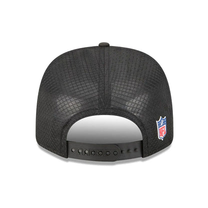 This is a Las Vegas Raiders NFL Sideline 2025 Black 9SEVENTY Trucker Stretch Snap Adjustable Cap 7