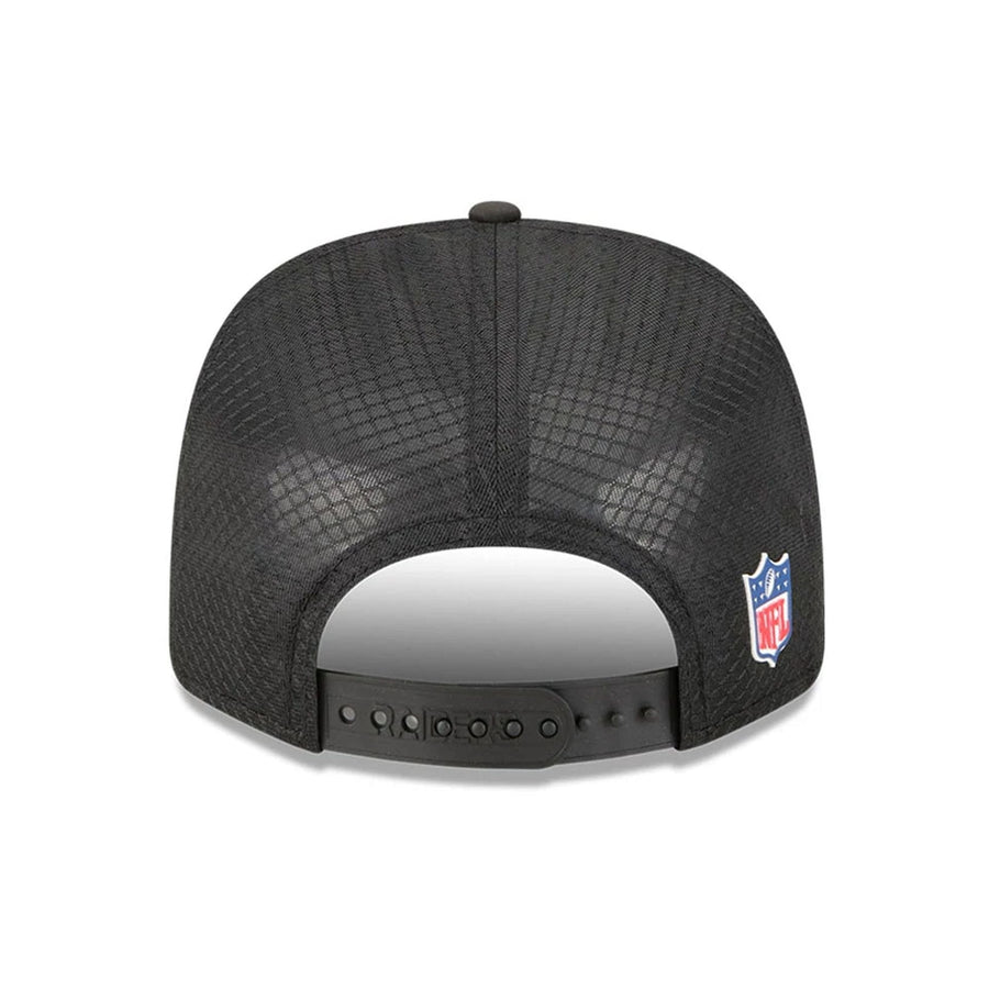 This is a Las Vegas Raiders NFL Sideline 2025 Black 9SEVENTY Trucker Stretch Snap Adjustable Cap 7