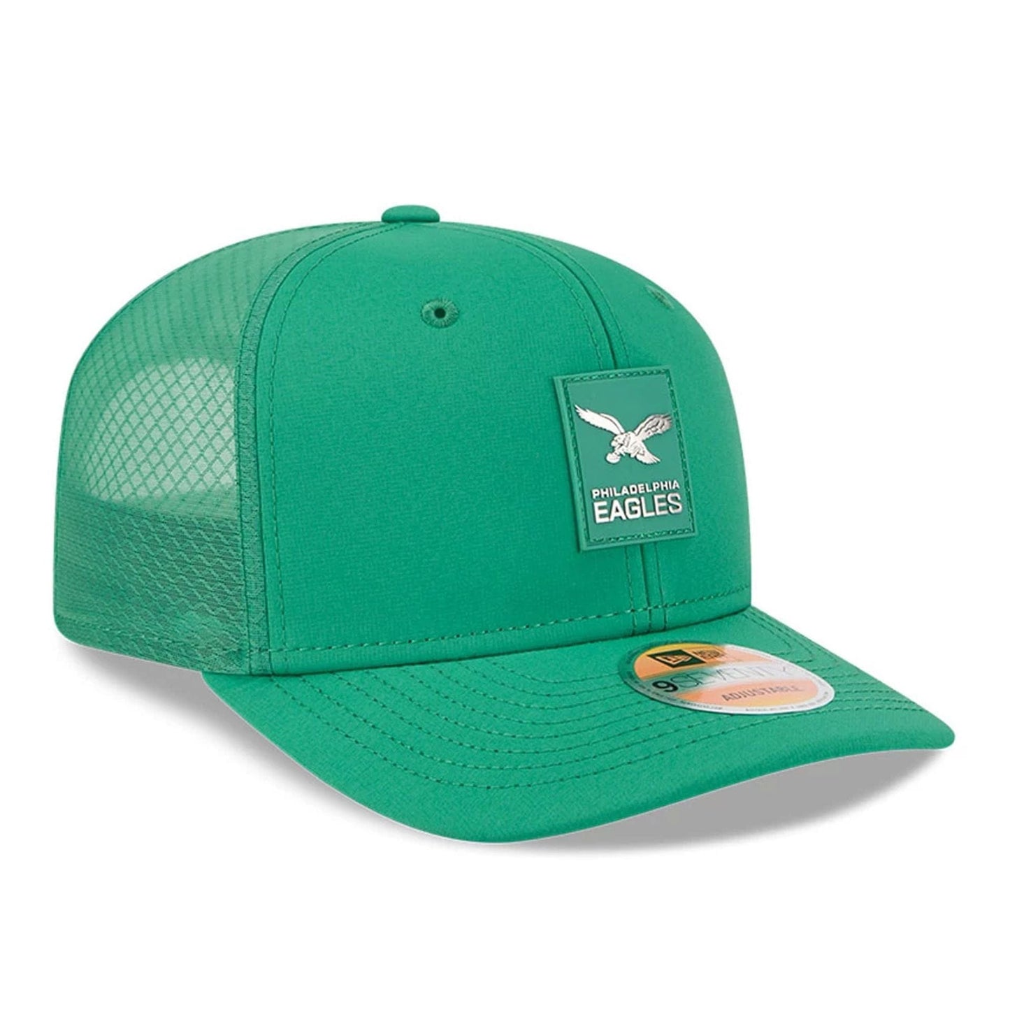 This is a Philadelphia Eagles NFL Sideline 2025 Green 9SEVENTY Trucker Stretch Snap Adjustable Cap 3