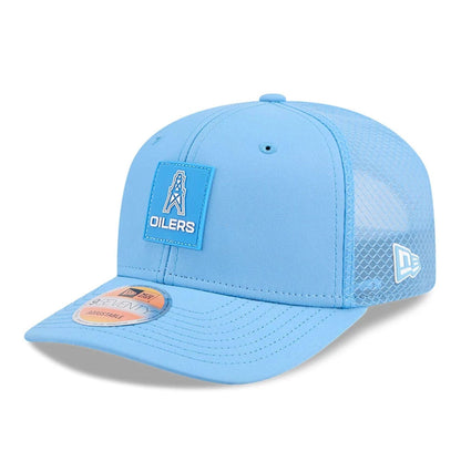 This is a NFL Oilers NFL Sideline 2025 Pastel Blue 9SEVENTY Trucker Stretch Snap Adjustable Cap 1