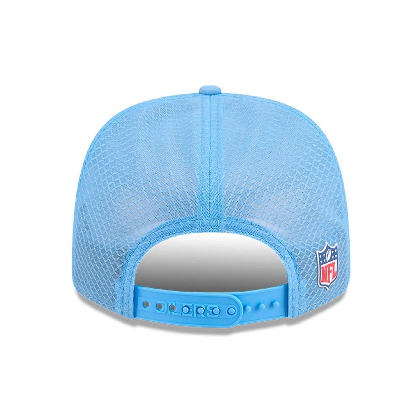 This is a NFL Oilers NFL Sideline 2025 Pastel Blue 9SEVENTY Trucker Stretch Snap Adjustable Cap 6