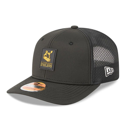 This is a Pittsburgh Steelers NFL Sideline 2025 Black 9SEVENTY Trucker Stretch Snap Adjustable Cap 1