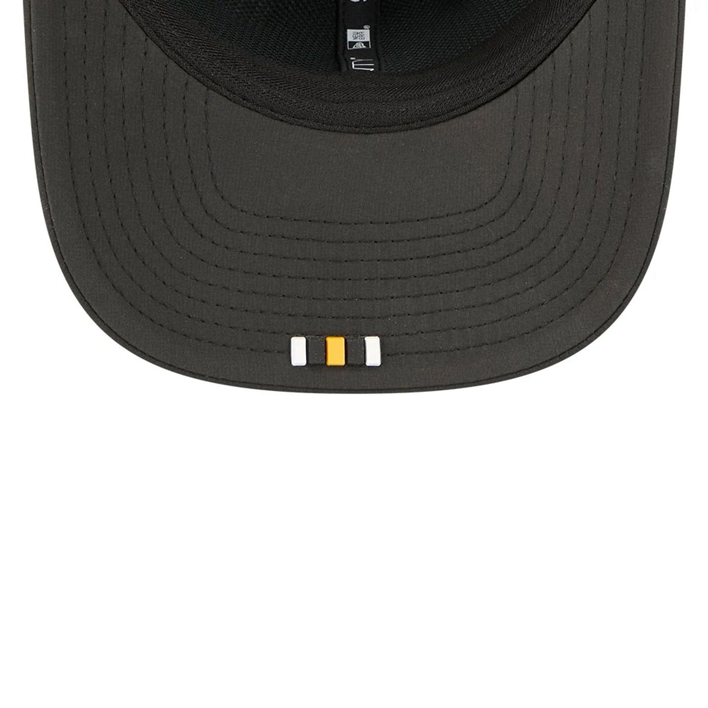 This is a Pittsburgh Steelers NFL Sideline 2025 Black 9SEVENTY Trucker Stretch Snap Adjustable Cap 6