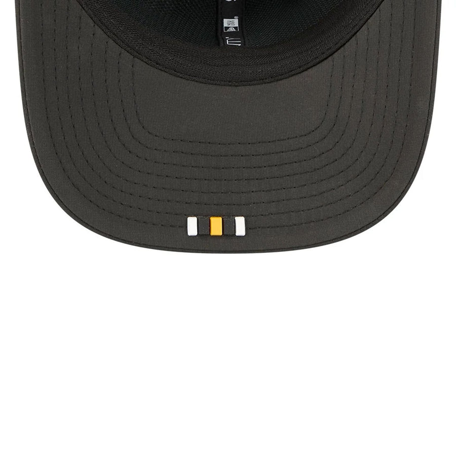 This is a Pittsburgh Steelers NFL Sideline 2025 Black 9SEVENTY Trucker Stretch Snap Adjustable Cap 6