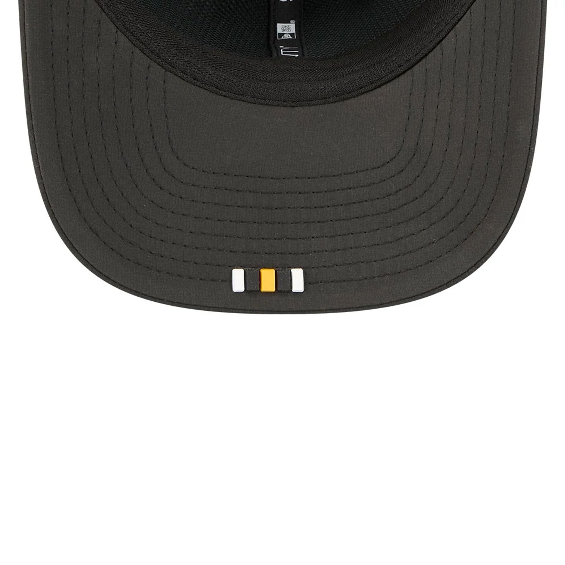 This is a Pittsburgh Steelers NFL Sideline 2025 Black 9SEVENTY Trucker Stretch Snap Adjustable Cap 6