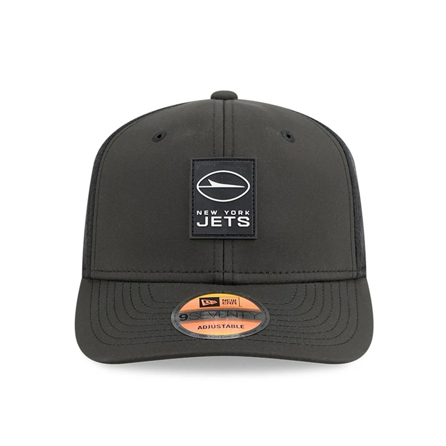 This is a New York Jets NFL Sideline 2025 Black 9SEVENTY Trucker Stretch Snap Adjustable Cap 3
