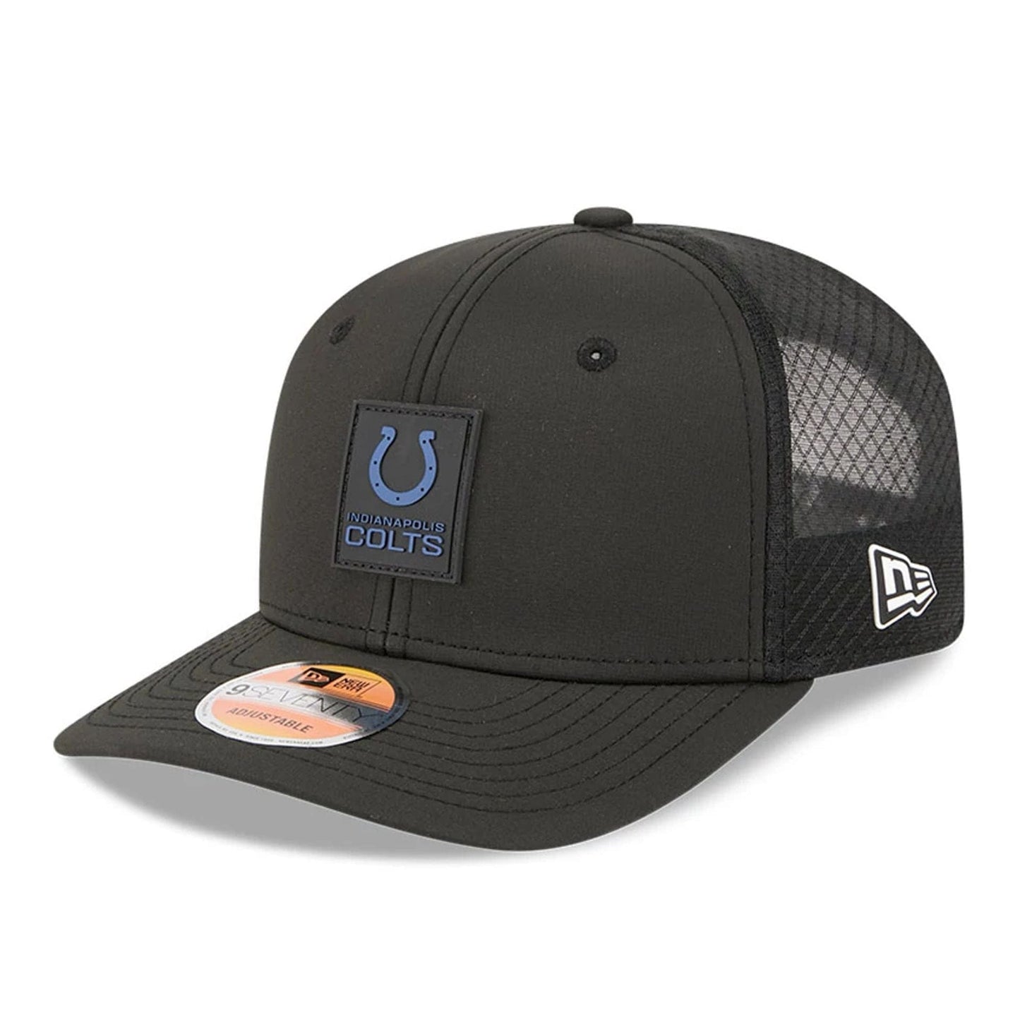 This is a Indianapolis Colts NFL Sideline 2025 Black 9SEVENTY Trucker Stretch Snap Adjustable Cap 1
