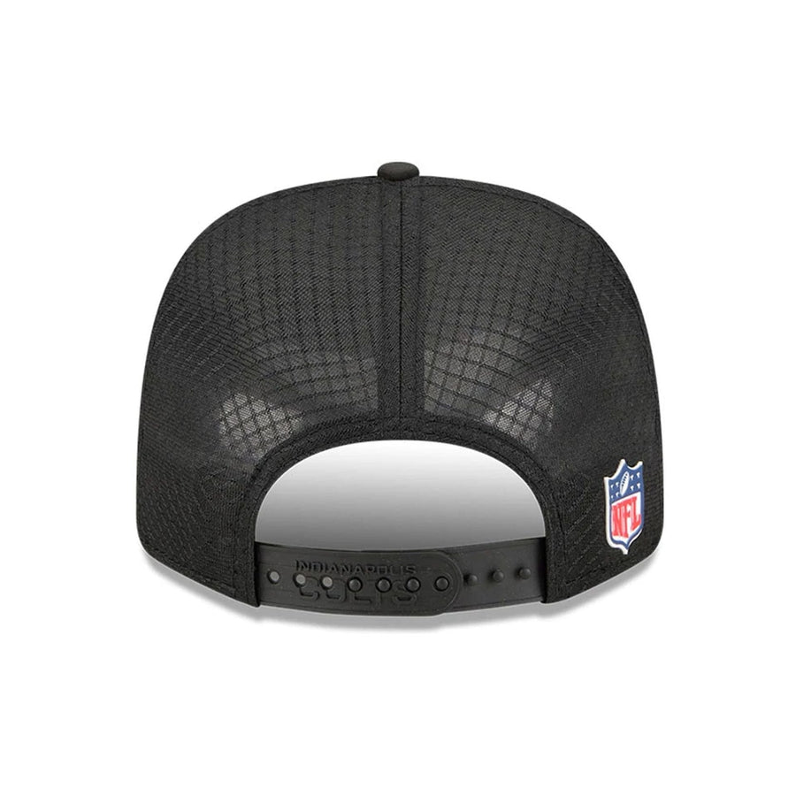 This is a Indianapolis Colts NFL Sideline 2025 Black 9SEVENTY Trucker Stretch Snap Adjustable Cap 7