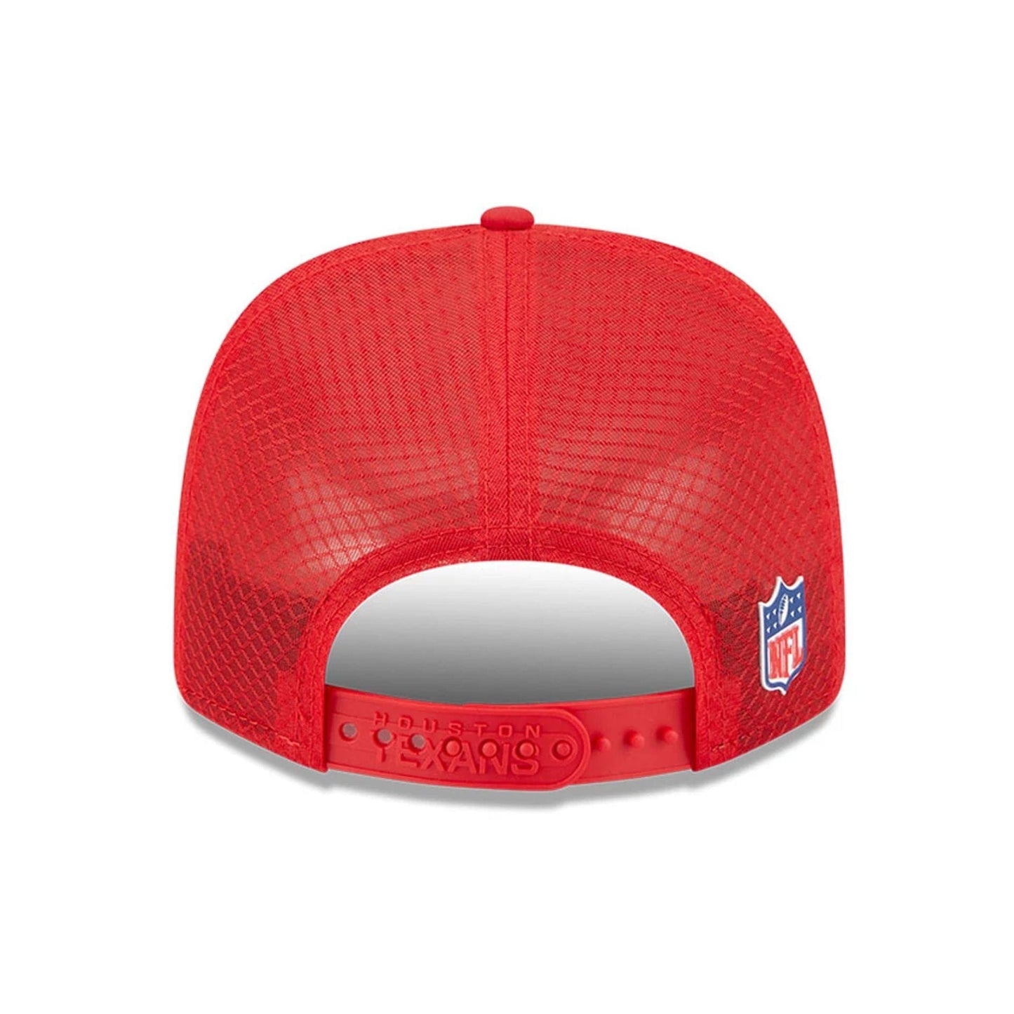This is a Houston Texans NFL Sideline 2025 Red 9SEVENTY Trucker Stretch Snap Adjustable Cap 6