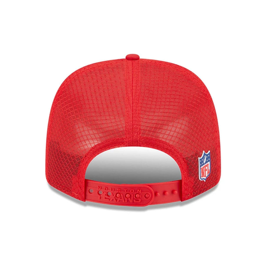 This is a Houston Texans NFL Sideline 2025 Red 9SEVENTY Trucker Stretch Snap Adjustable Cap 6