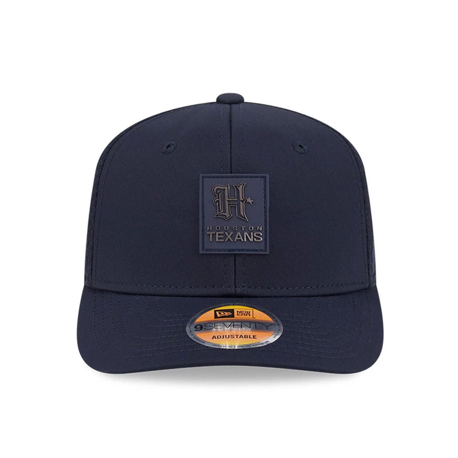 This is a Houston Texans NFL Sideline 2025 Navy 9SEVENTY Trucker Stretch Snap Adjustable Cap 2