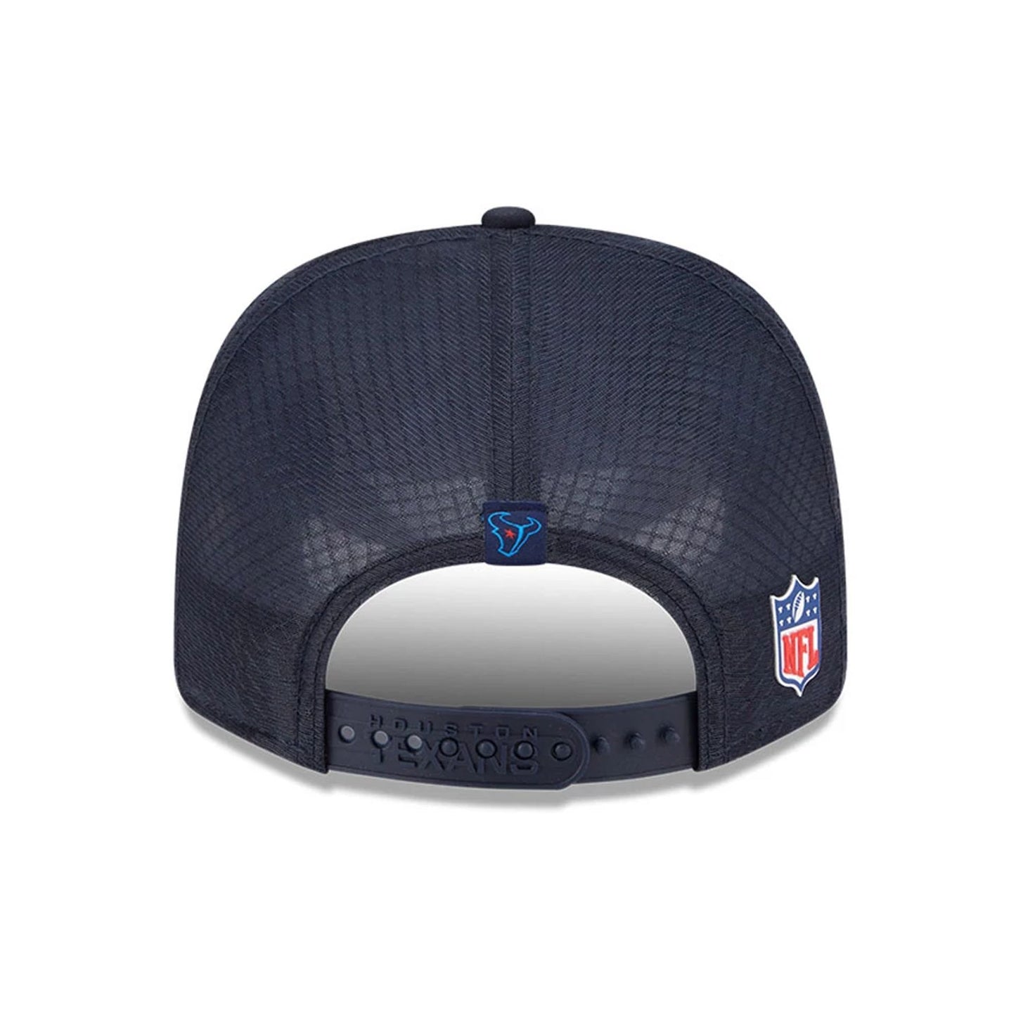 This is a Houston Texans NFL Sideline 2025 Navy 9SEVENTY Trucker Stretch Snap Adjustable Cap 6