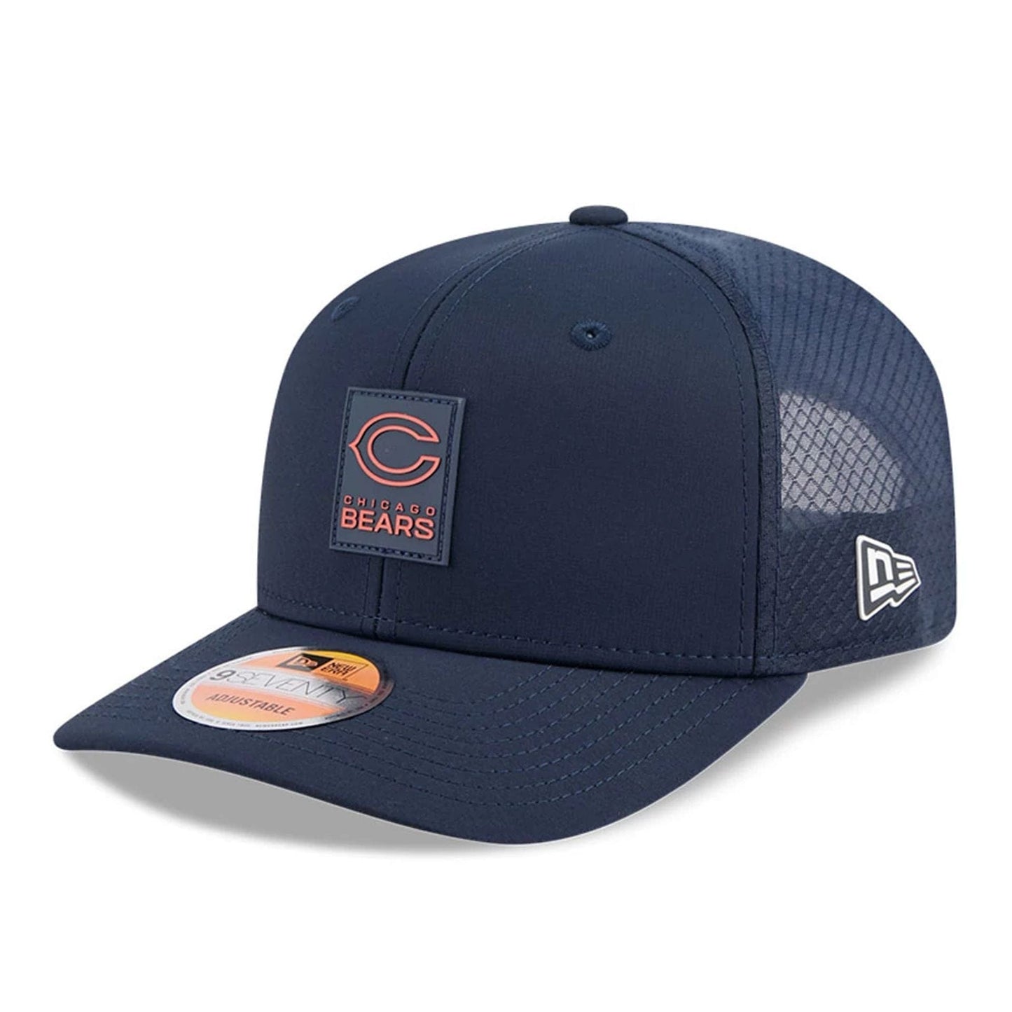 This is a Chicago Bears NFL Sideline 2025 Navy 9SEVENTY Trucker Stretch Snap Adjustable Cap 3