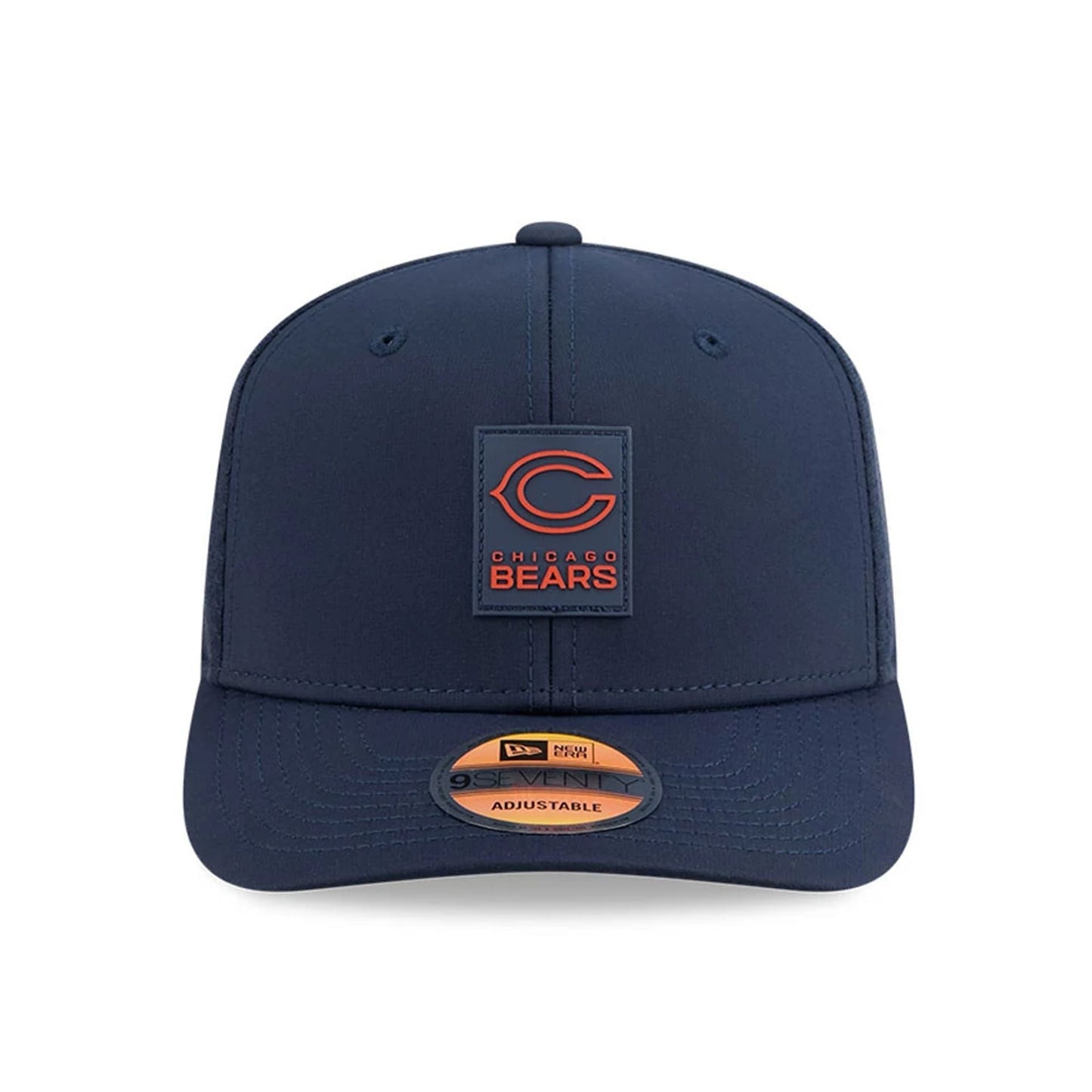This is a Chicago Bears NFL Sideline 2025 Navy 9SEVENTY Trucker Stretch Snap Adjustable Cap 2