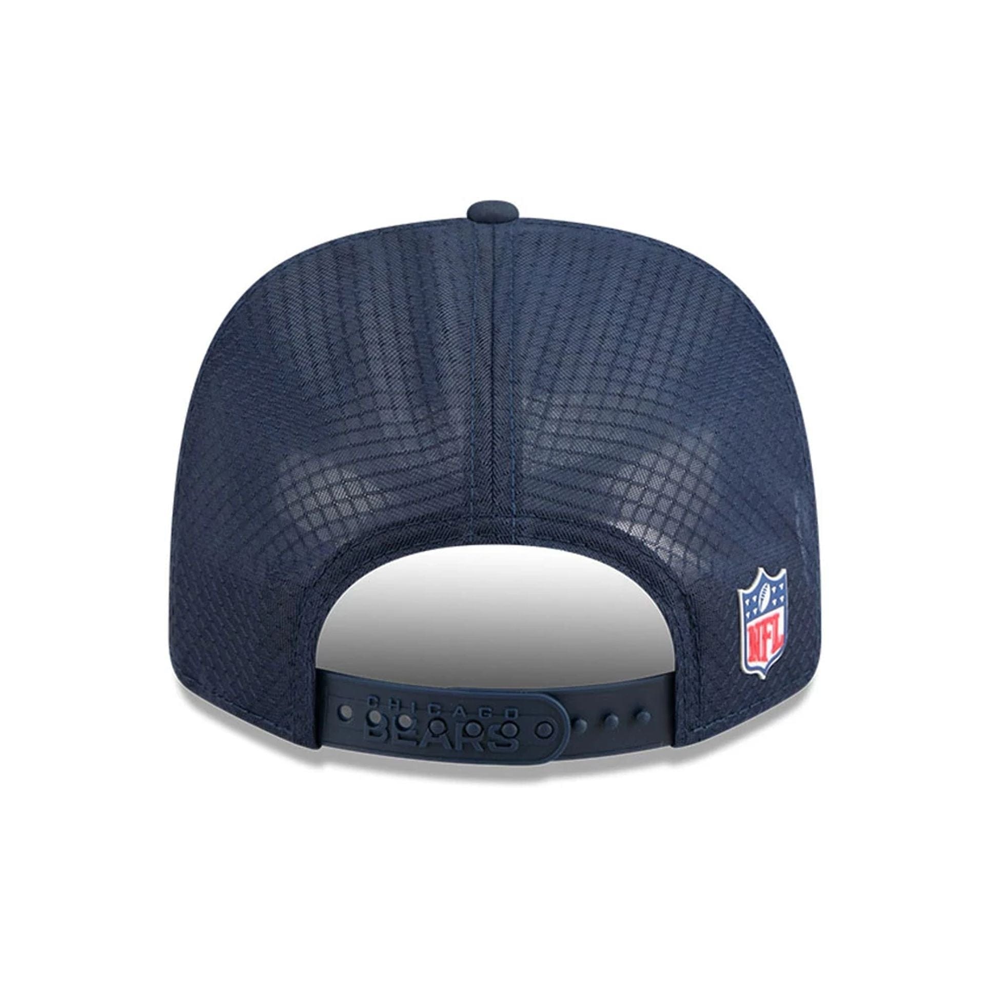 This is a Chicago Bears NFL Sideline 2025 Navy 9SEVENTY Trucker Stretch Snap Adjustable Cap 7
