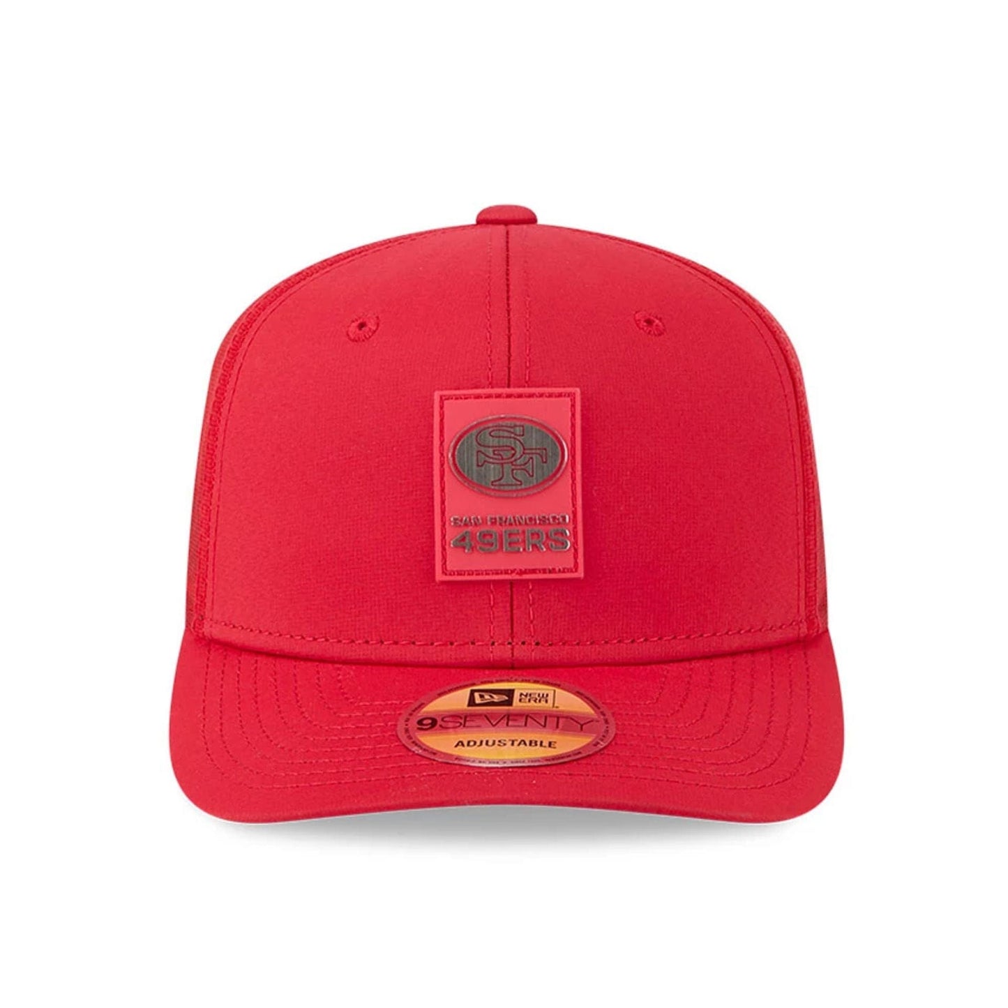 This is a San Francisco 49ers NFL Sideline 2025 Red 9SEVENTY Trucker Stretch Snap Adjustable Cap 2