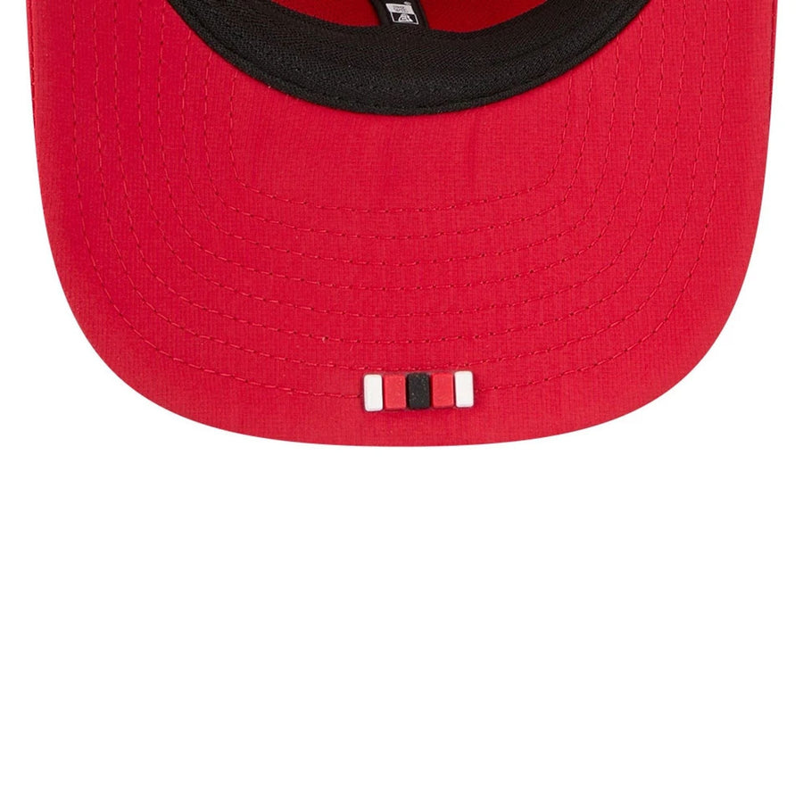 This is a San Francisco 49ers NFL Sideline 2025 Red 9SEVENTY Trucker Stretch Snap Adjustable Cap 6