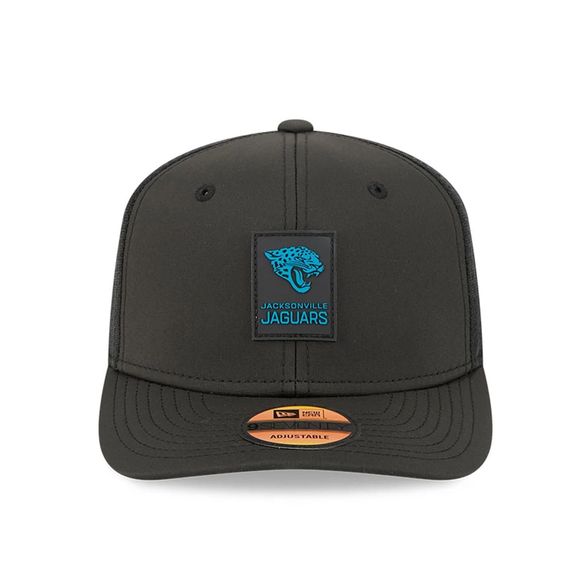 This is a Jacksonville Jaguars NFL Sideline 2025 Black 9SEVENTY Trucker Stretch Snap Adjustable Cap 3