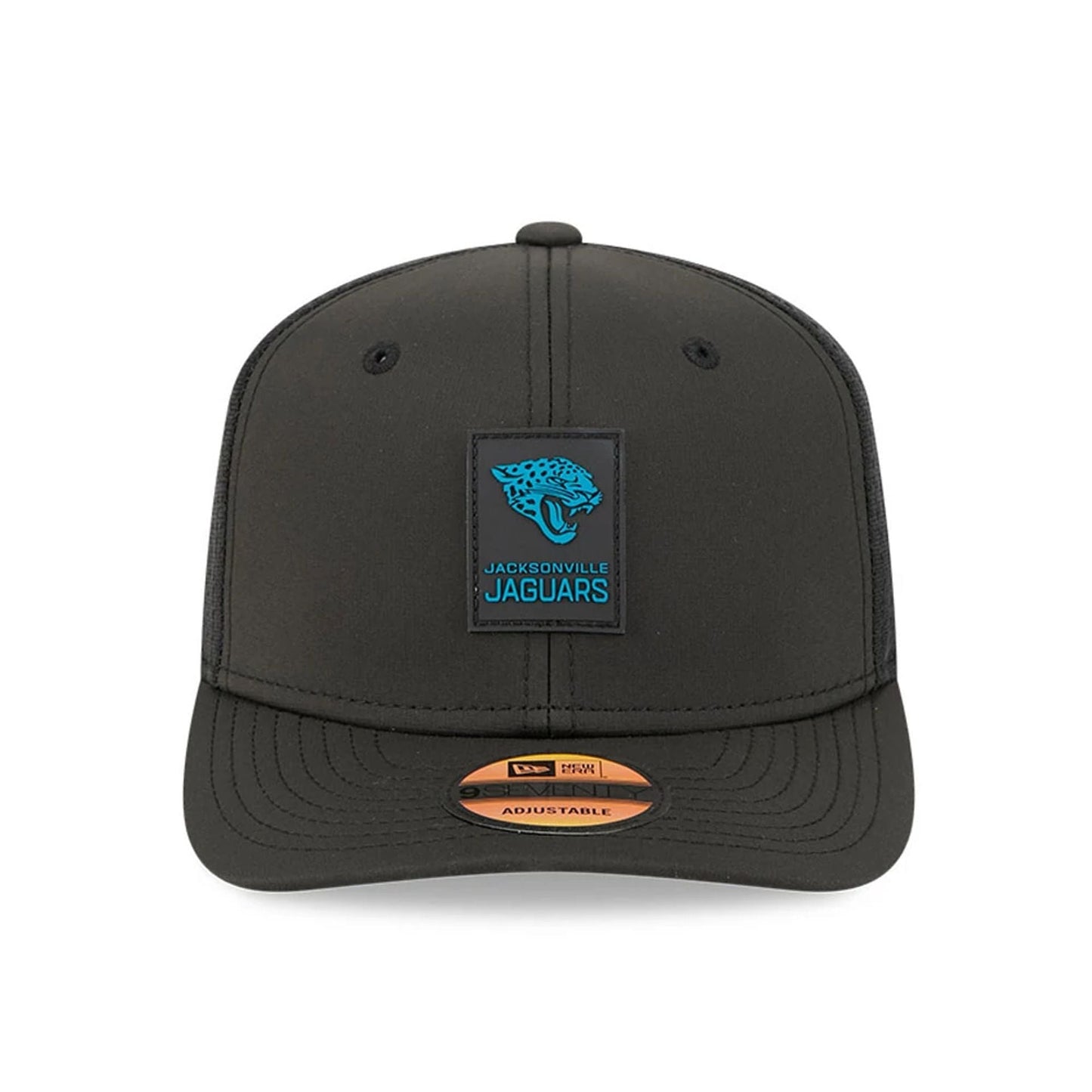 This is a Jacksonville Jaguars NFL Sideline 2025 Black 9SEVENTY Trucker Stretch Snap Adjustable Cap 3