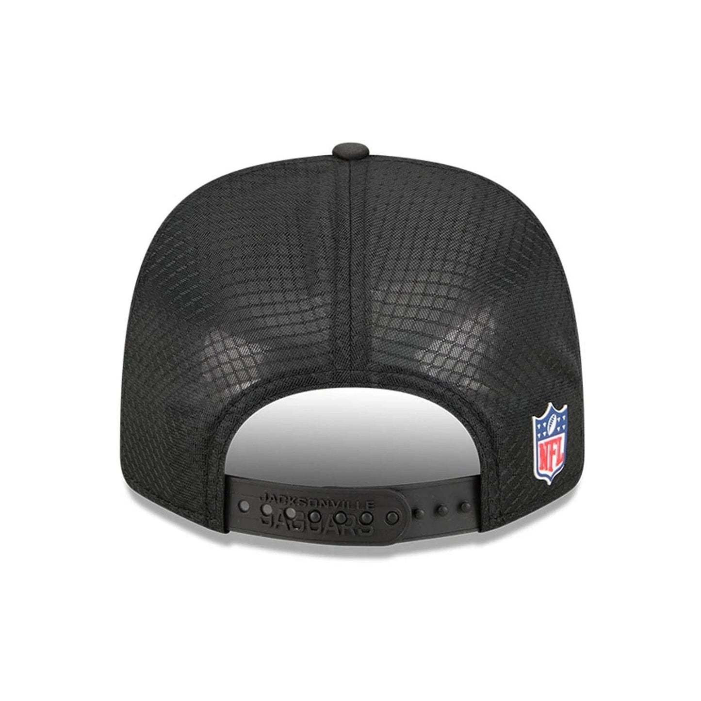 This is a Jacksonville Jaguars NFL Sideline 2025 Black 9SEVENTY Trucker Stretch Snap Adjustable Cap 7