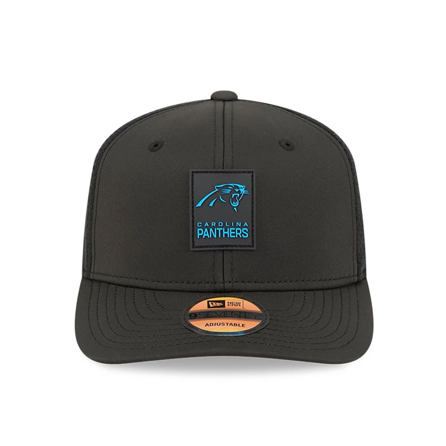This is a Carolina Panthers NFL Sideline 2025 Black 9SEVENTY Trucker Stretch Snap Adjustable Cap 3