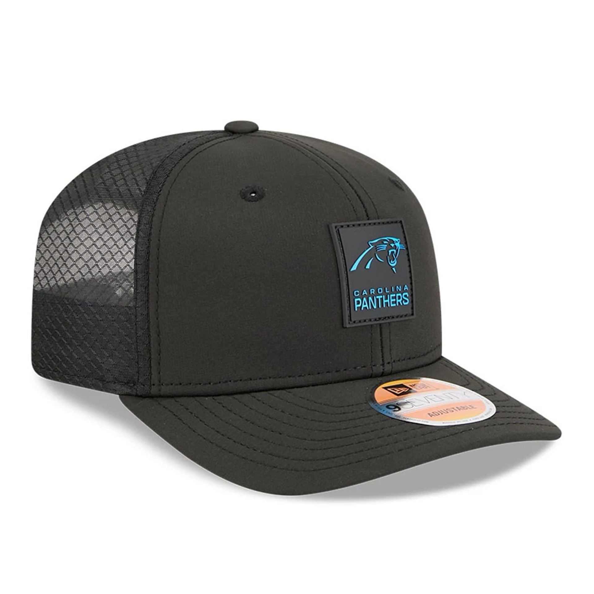 This is a Carolina Panthers NFL Sideline 2025 Black 9SEVENTY Trucker Stretch Snap Adjustable Cap 4