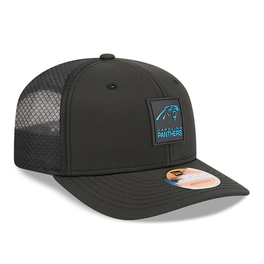 This is a Carolina Panthers NFL Sideline 2025 Black 9SEVENTY Trucker Stretch Snap Adjustable Cap 4