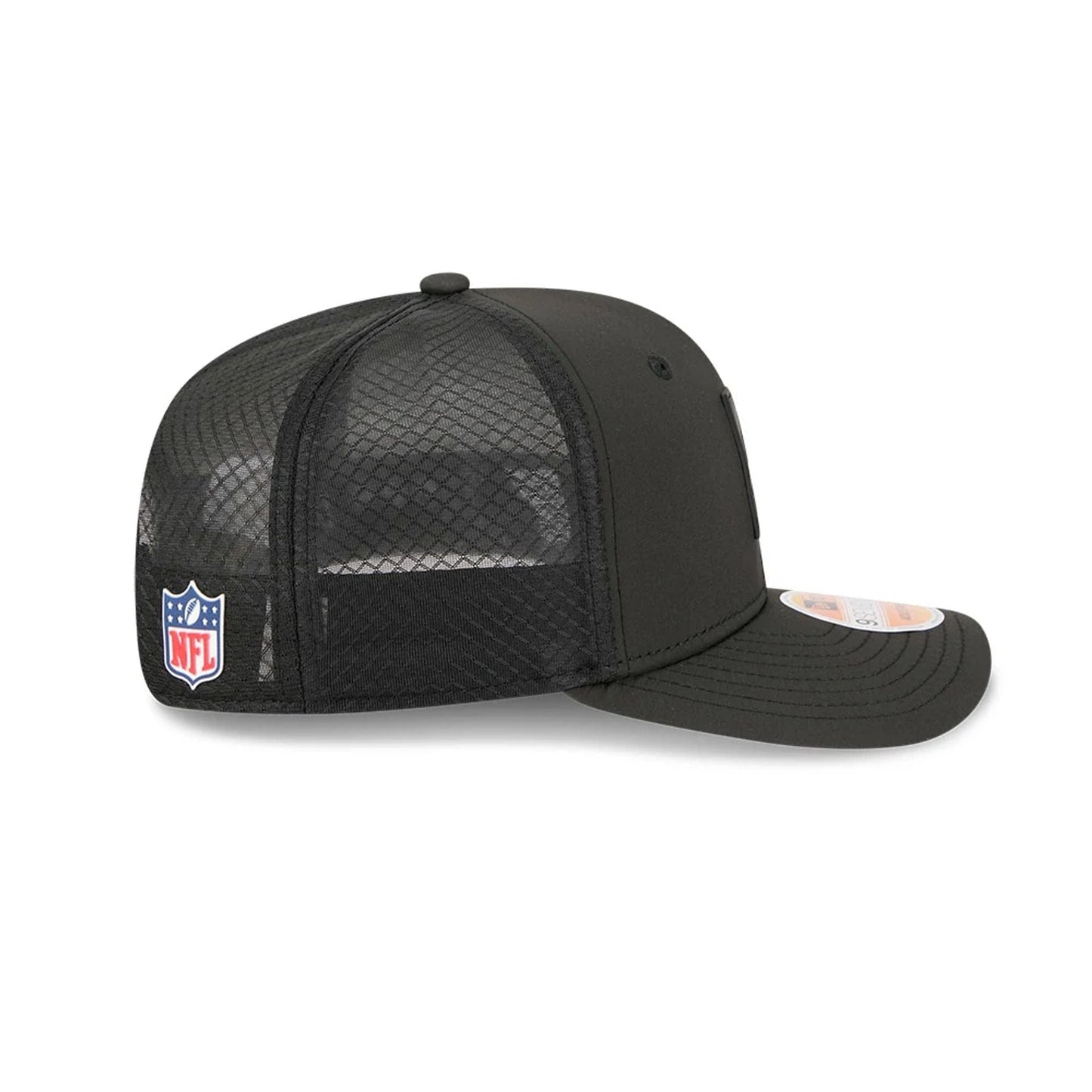 This is a Carolina Panthers NFL Sideline 2025 Black 9SEVENTY Trucker Stretch Snap Adjustable Cap 6