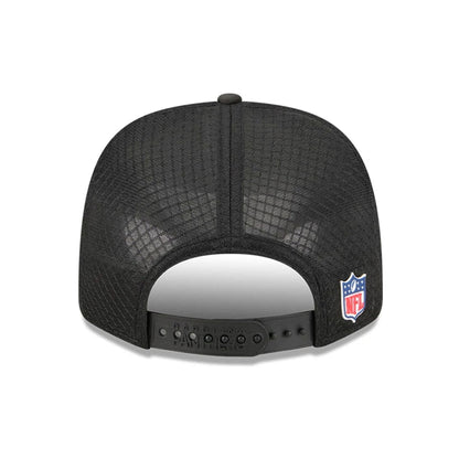 This is a Carolina Panthers NFL Sideline 2025 Black 9SEVENTY Trucker Stretch Snap Adjustable Cap 7