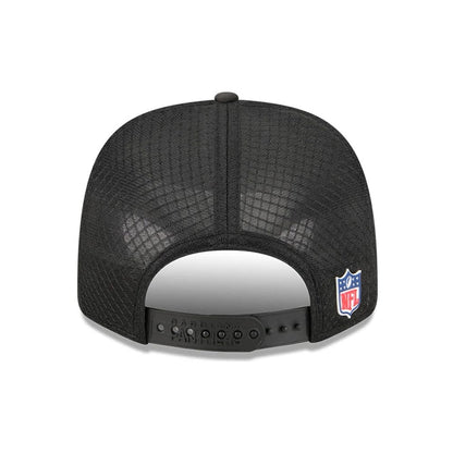 This is a Carolina Panthers NFL Sideline 2025 Black 9SEVENTY Trucker Stretch Snap Adjustable Cap 7