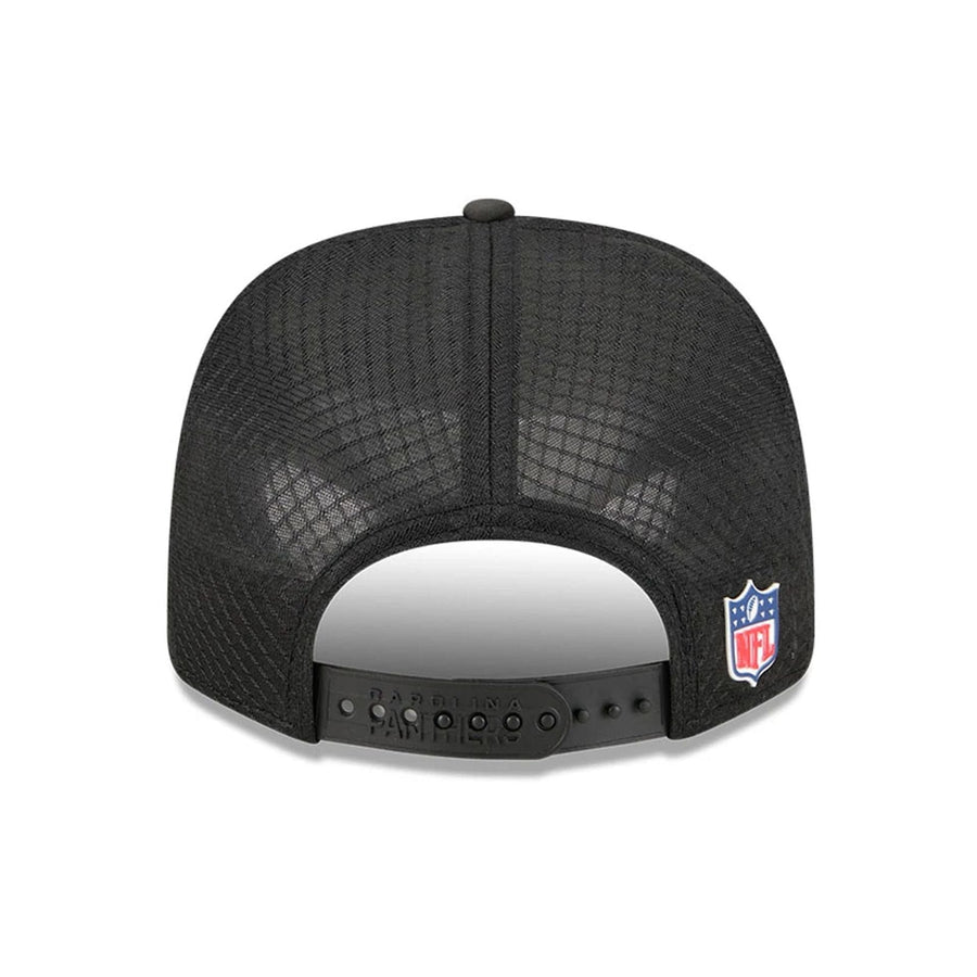 This is a Carolina Panthers NFL Sideline 2025 Black 9SEVENTY Trucker Stretch Snap Adjustable Cap 7