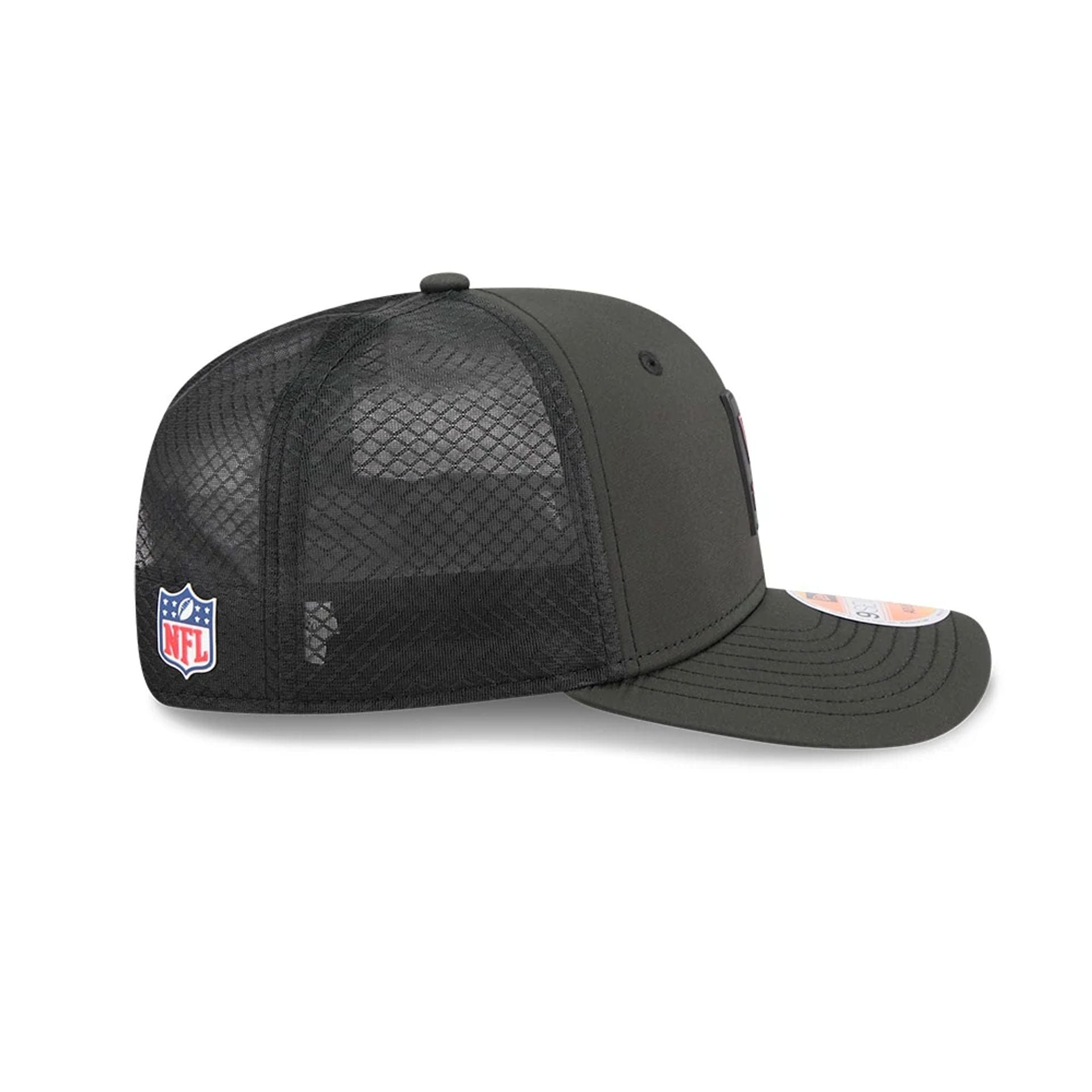 This is a Washington Commanders NFL Sideline 2025 Black 9SEVENTY Trucker Stretch Snap Adjustable Cap 5