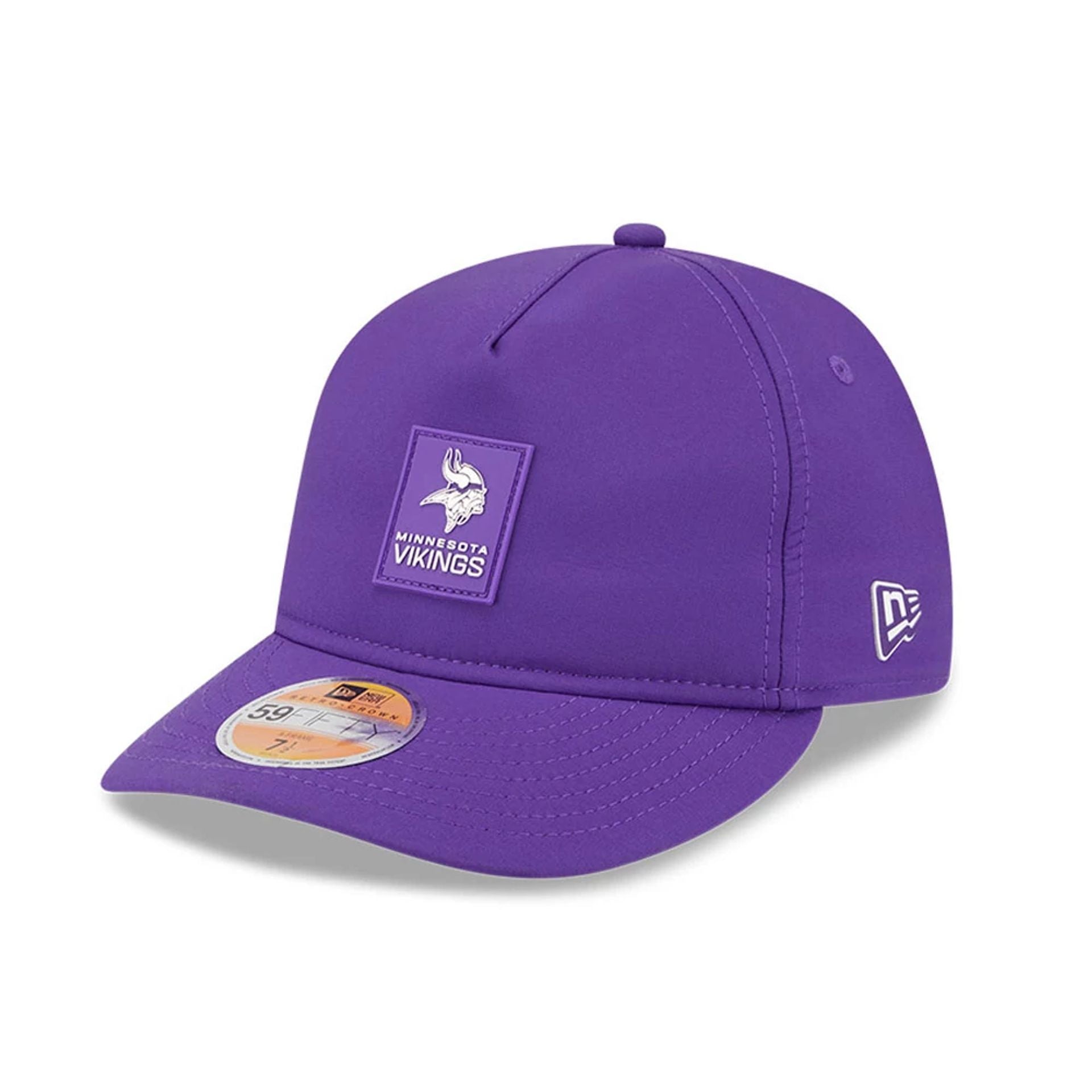 This is a Minnesota Vikings NFL Sideline 2025 Purple Retro Crown 59FIFTY Fitted Cap 1