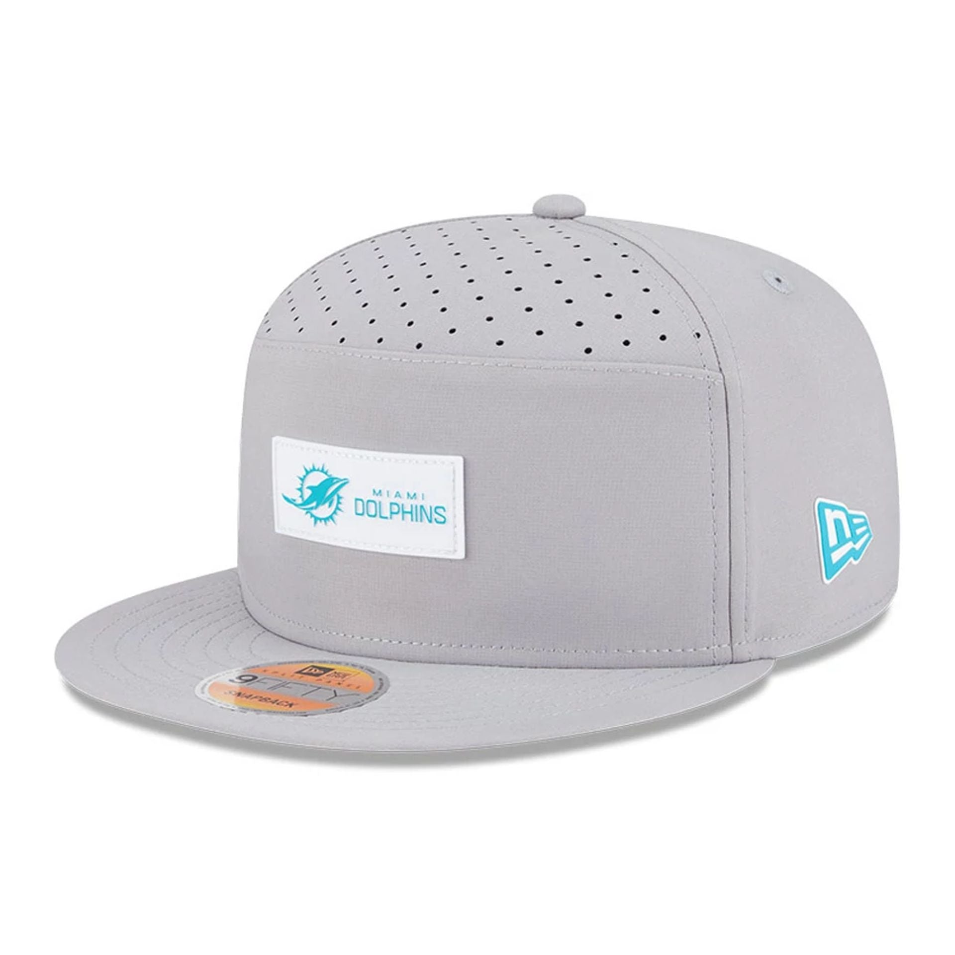 This is a Miami Dolphins NFL Sideline 2025 Grey 9FIFTY Split Panel Snapback Adjustable Cap 1