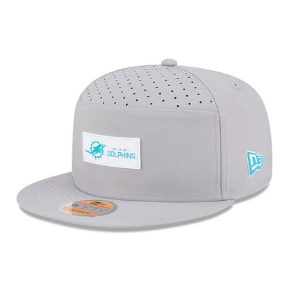 This is a Miami Dolphins NFL Sideline 2025 Grey 9FIFTY Split Panel Snapback Adjustable Cap 1