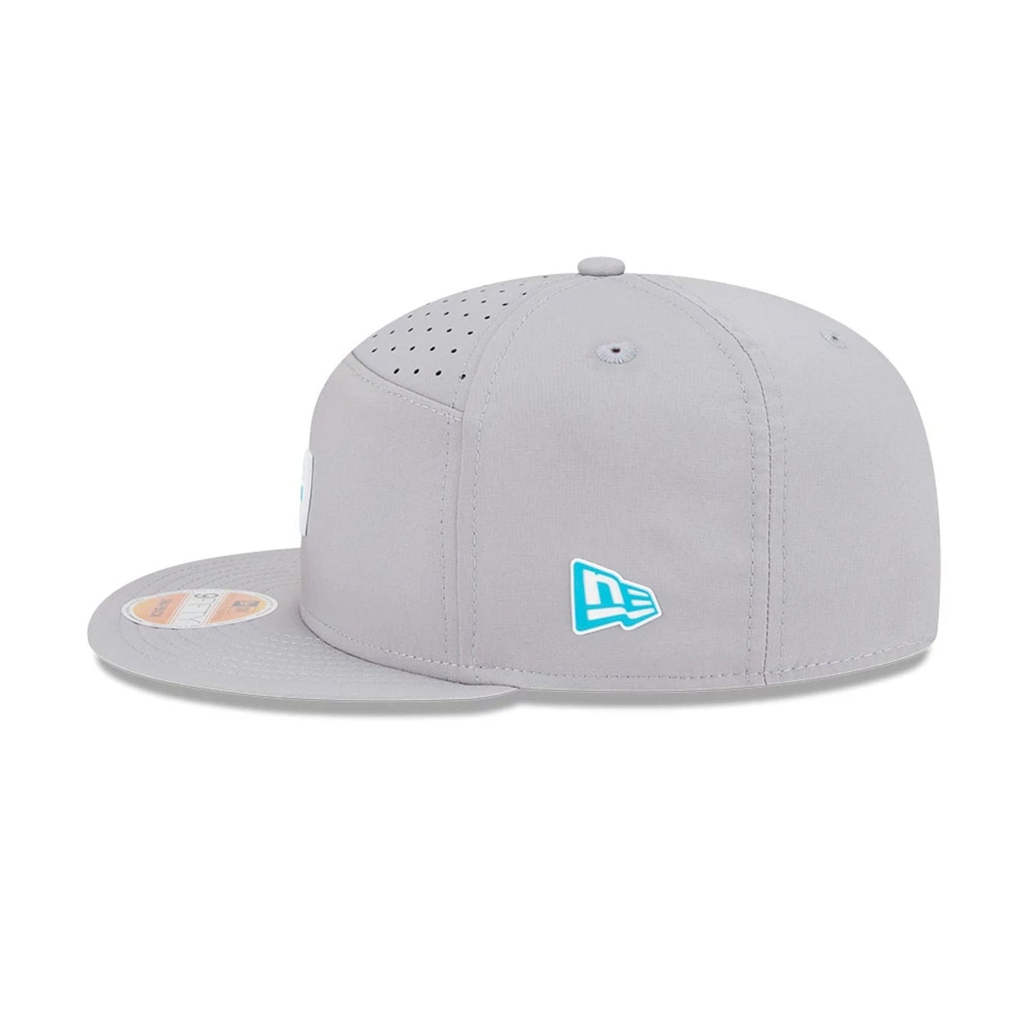 This is a Miami Dolphins NFL Sideline 2025 Grey 9FIFTY Split Panel Snapback Adjustable Cap 4
