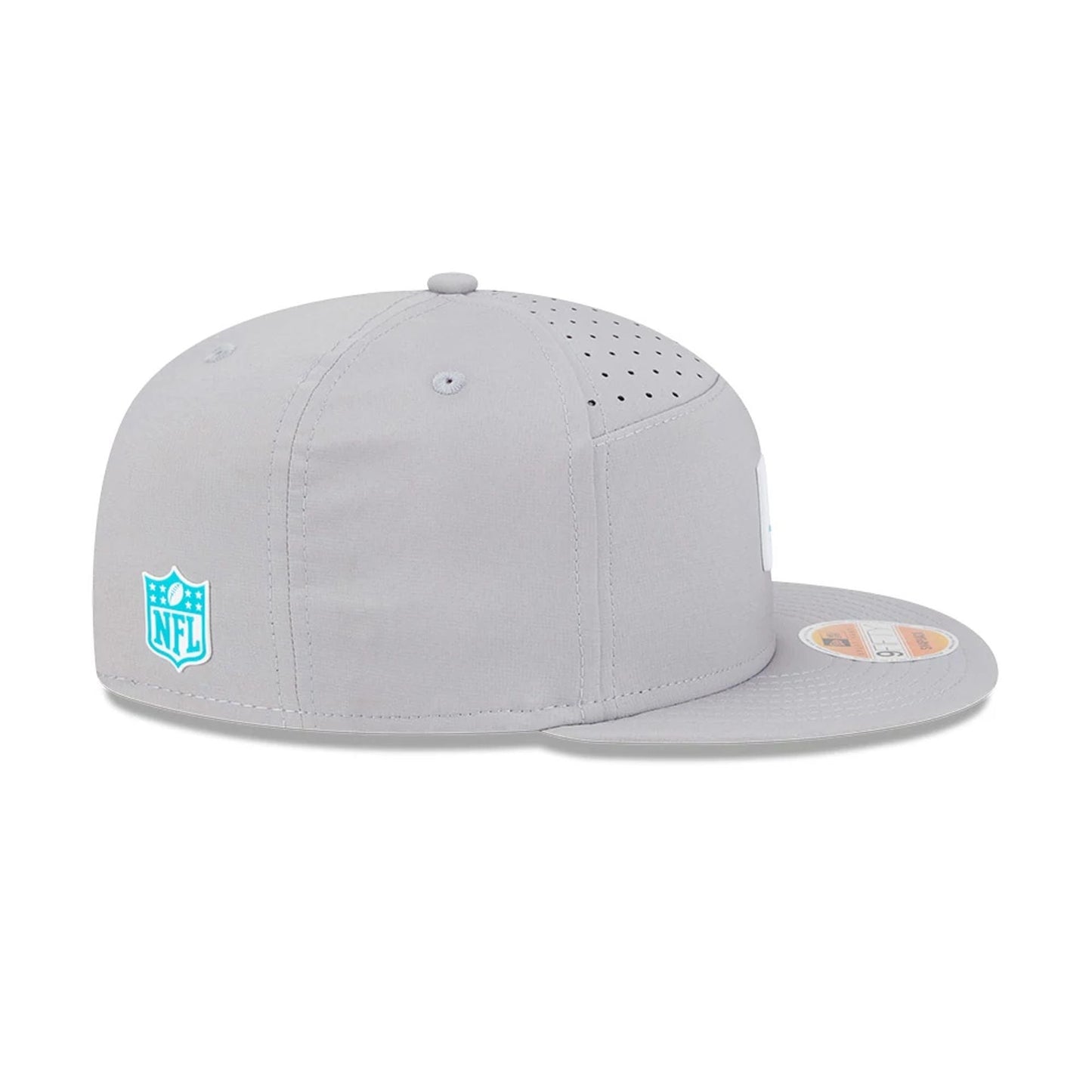 This is a Miami Dolphins NFL Sideline 2025 Grey 9FIFTY Split Panel Snapback Adjustable Cap 5