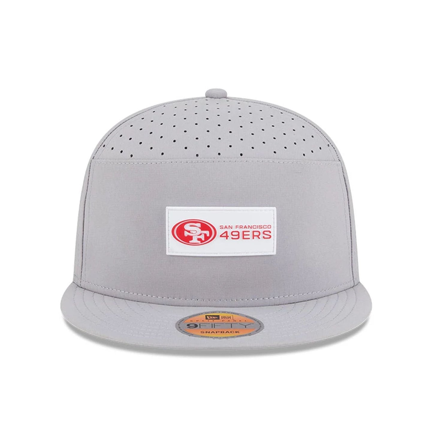 This is a San Francisco 49ers NFL Sideline 2025 Grey 9FIFTY Split Panel Snapback Adjustable Cap 2