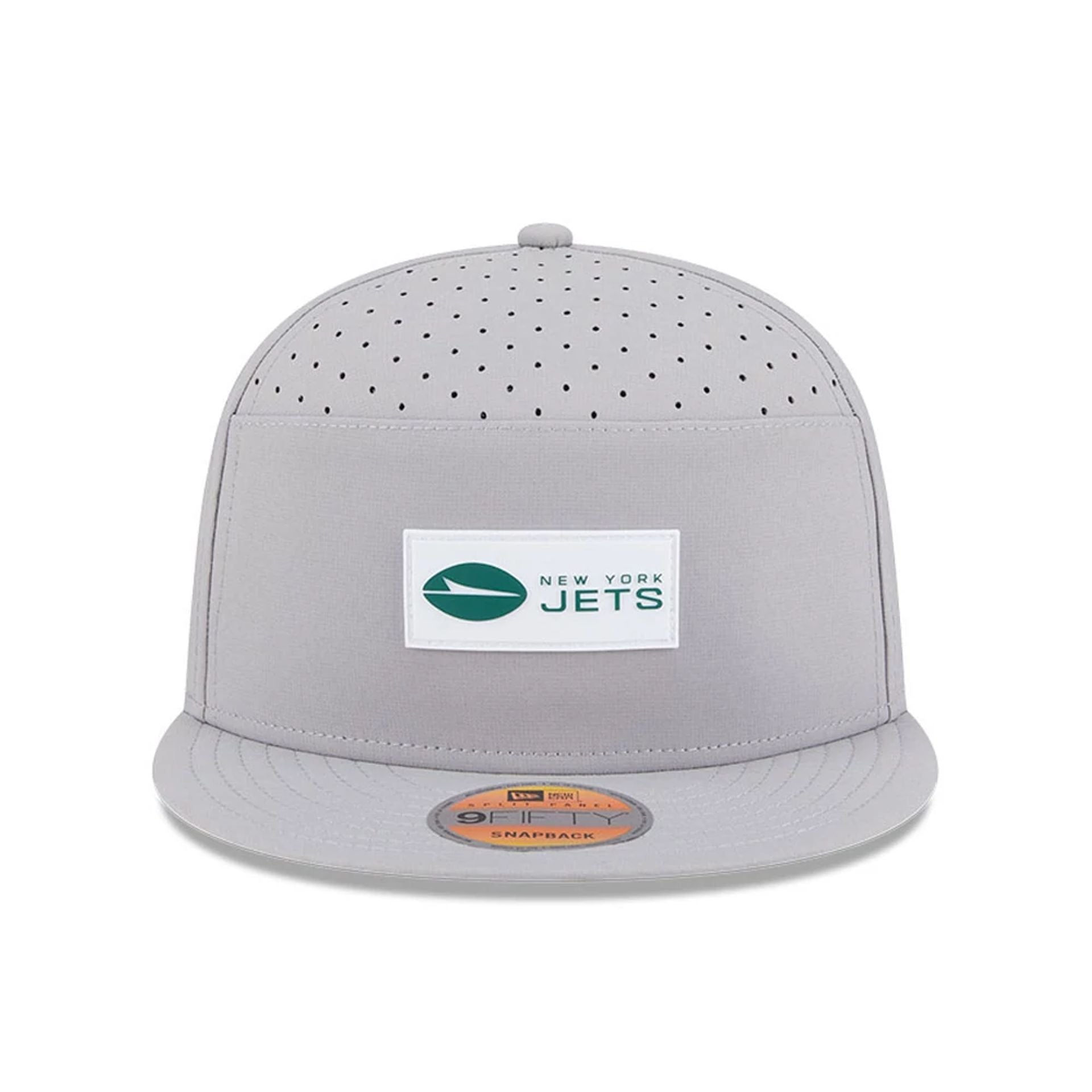 This is a New York Jets NFL Sideline 2025 Grey 9FIFTY Split Panel Snapback Adjustable Cap 2
