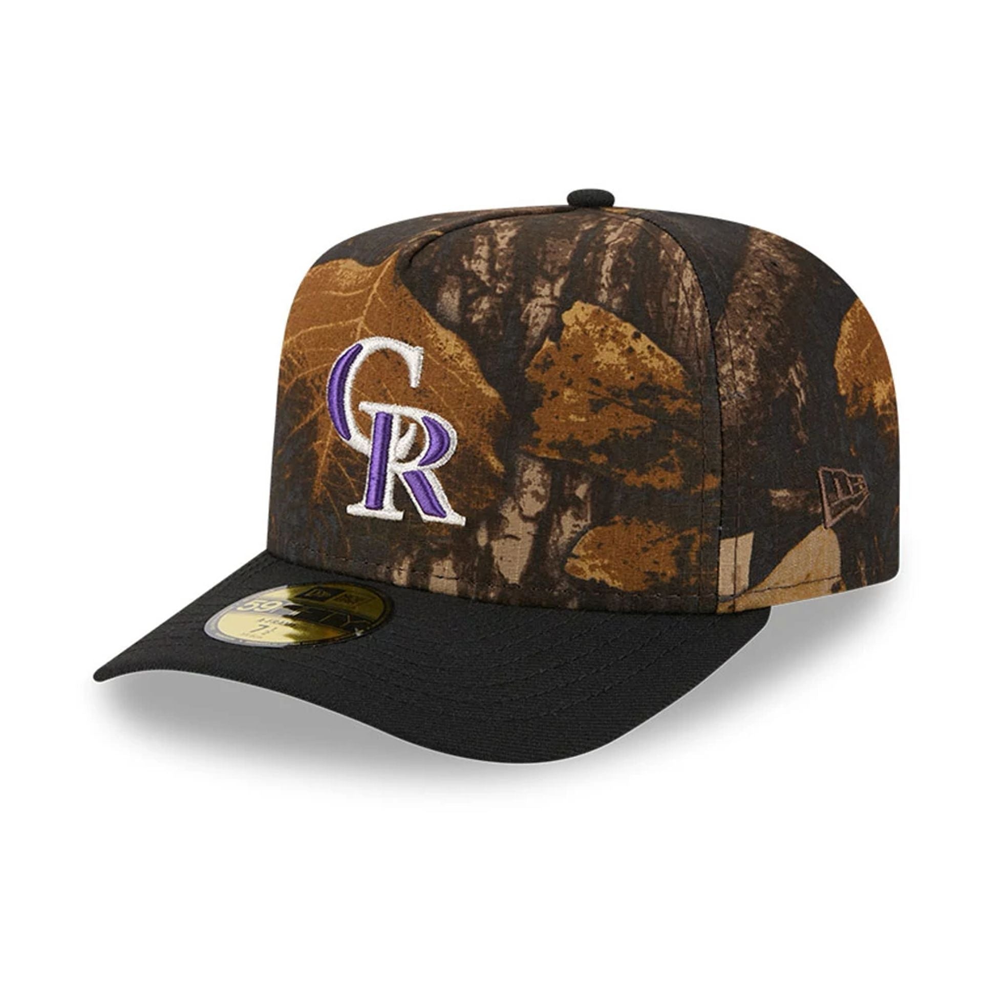 This is a Colorado Rockies MLB Ripstop Camo Assorted Print 59FIFTY A-Frame Fitted Cap 1